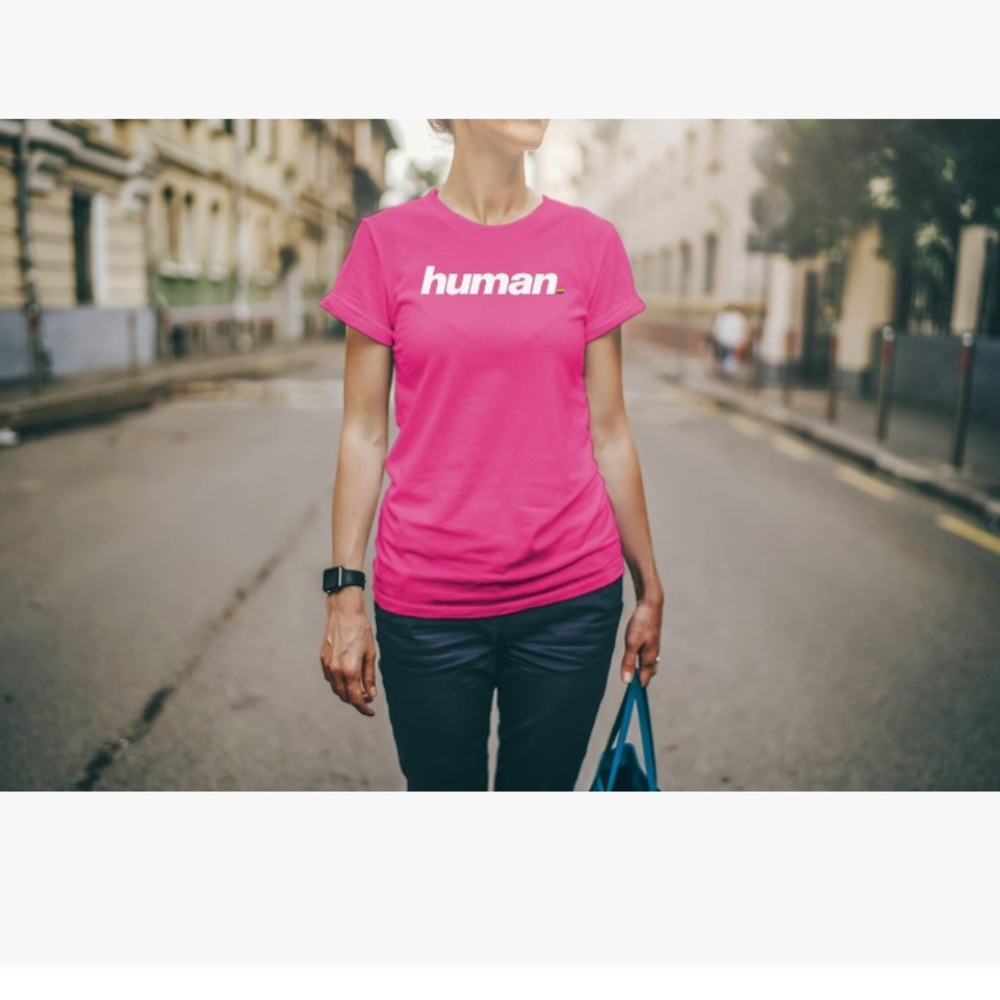 NWT Queer Eye Human pink white block letter t tee short sleeve pride shirt